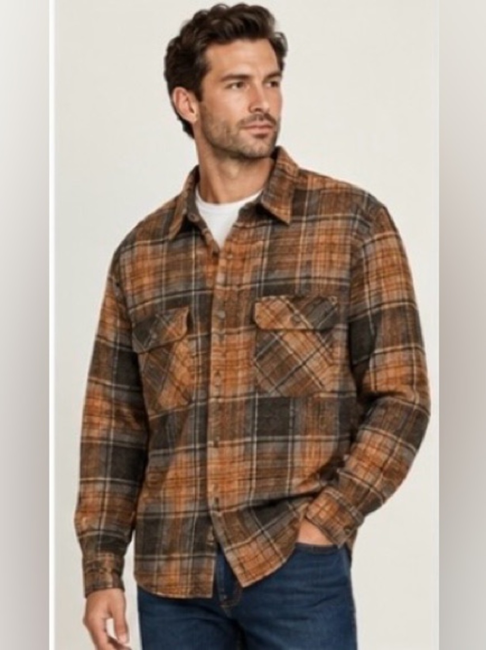 Chaps Men's Heavyweight Flannel Plaid Button Up Shirt Jacket Size XL Brown